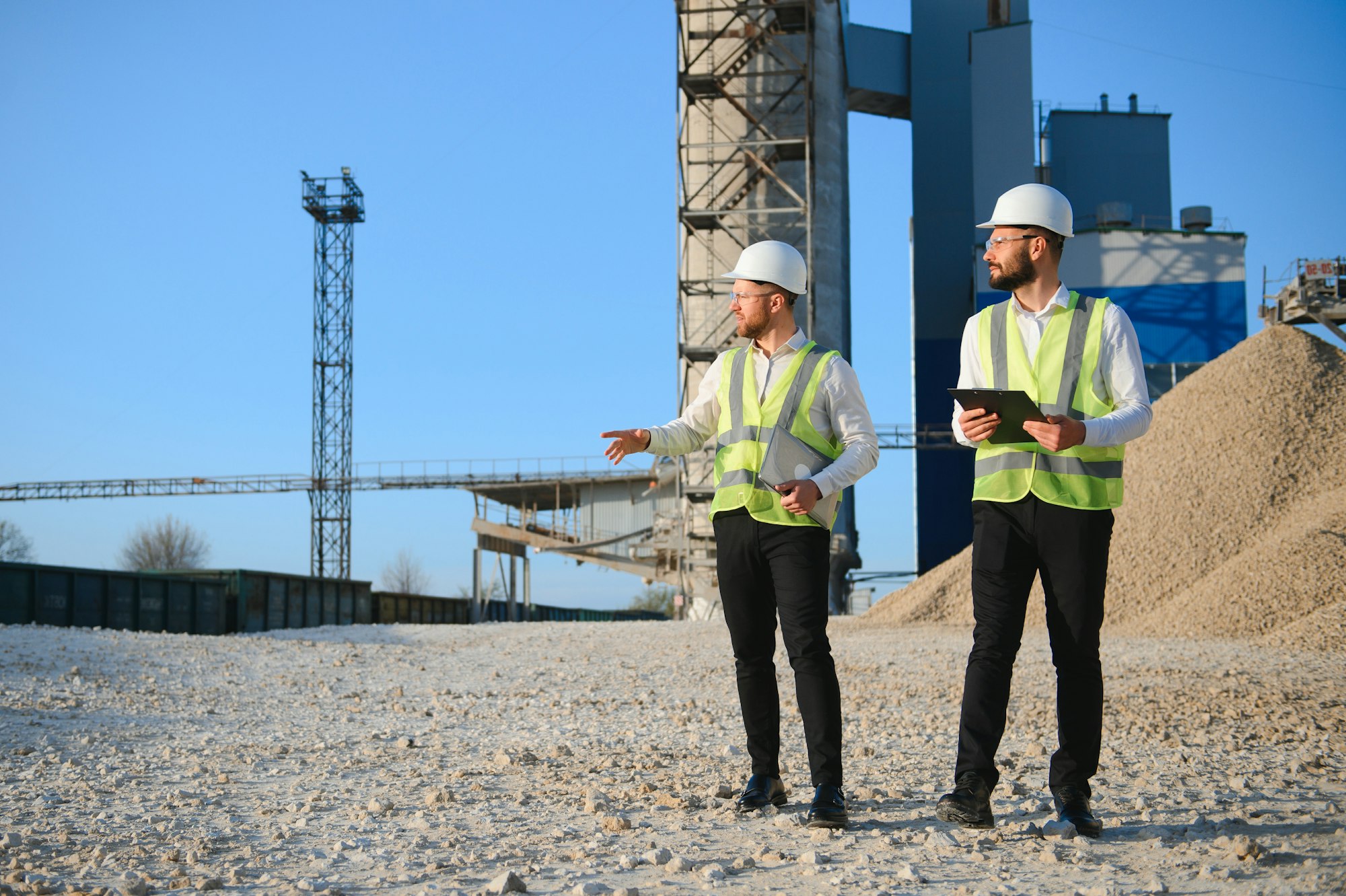 Two engineers or businessmen at an industrial plant. Plant for extraction and production of gravel